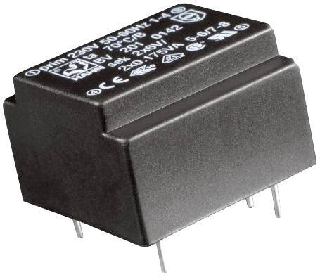 Ein schwarzer Transformator mit 230V und 50-60Hz. Aufdrucke zeigen Herstellerinformationen und technische Daten.