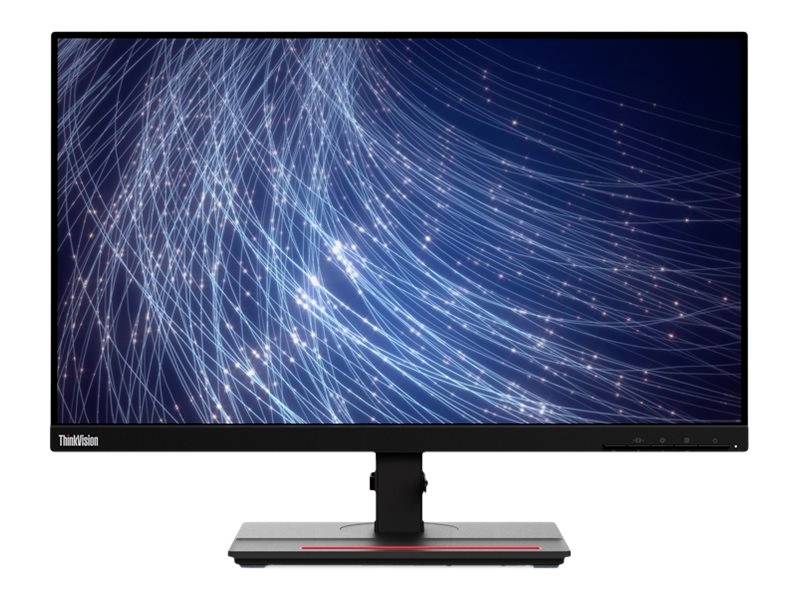 Ein moderner Computermonitor mit einem Bildschirm, der ein abstraktes Design aus blauen und weißen Lichtlinien zeigt.