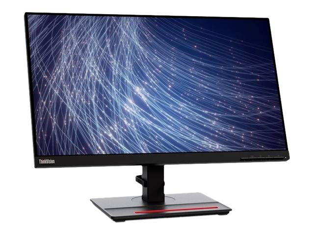 Ein Computerbildschirm mit leuchtenden blauen und weißen Liniendesign auf dem Display. Der Monitor hat einen schmalen Rahmen und ist auf einem schwarzen Standfuß montiert.