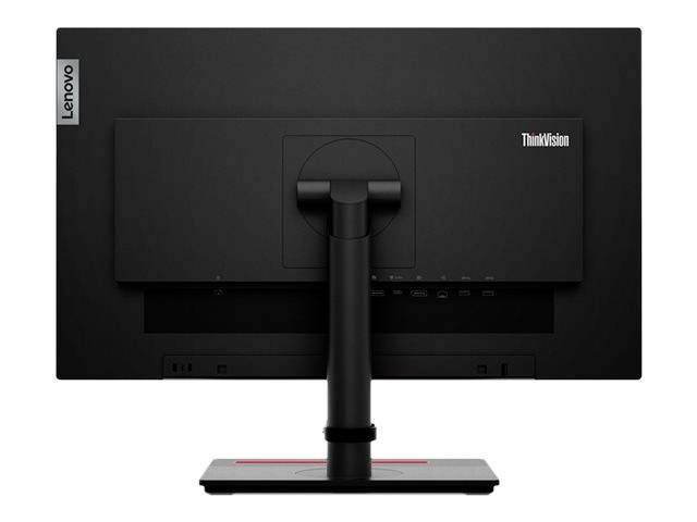 Rückansicht eines schwarzen Lenovo-Monitors aus der ThinkVision-Serie, mit Fokus auf den verstellbaren Standfuß und die Anschlüsse.