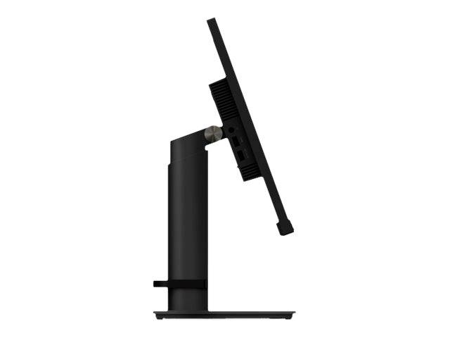 Seitenansicht eines schwarzen Computermonitors mit verstellbarem Standfuß, der nach vorne geneigt ist.