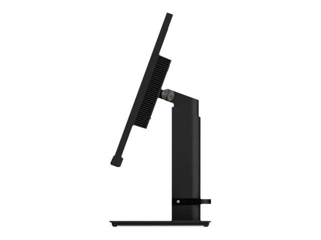 Ein schwarzer Computermonitor seitlich gezeigt, auf einem verstellbaren Ständer.