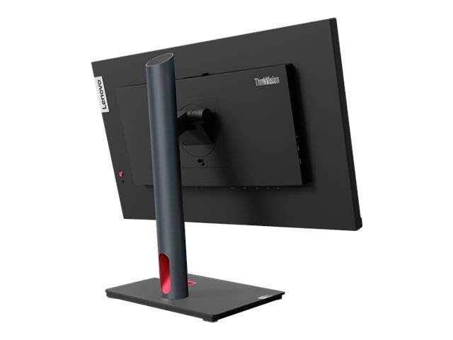 Ein schwarzer Lenovo ThinkVision Monitor von hinten, mit einem schmalen Standfuß und einem schlichten, modernen Design.