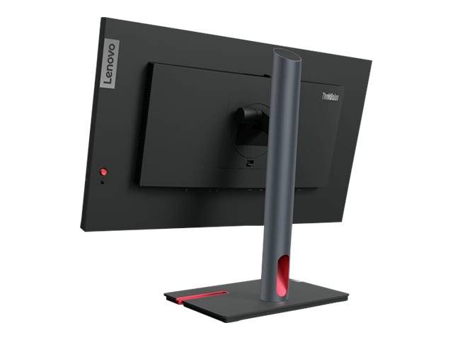 Ein schwarzer Lenovo-Monitor von hinten mit rotem Standfuß, zeigt keine sichtbaren Inhalte auf dem Bildschirm.