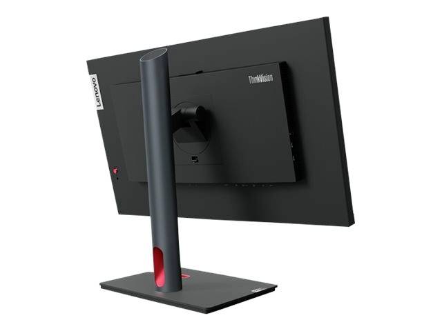 Ein schwarzer Lenovo-ThinkVision-Monitor von hinten, montiert auf einem Standfuß, zeigt einen minimalistischen, modernen Stil.