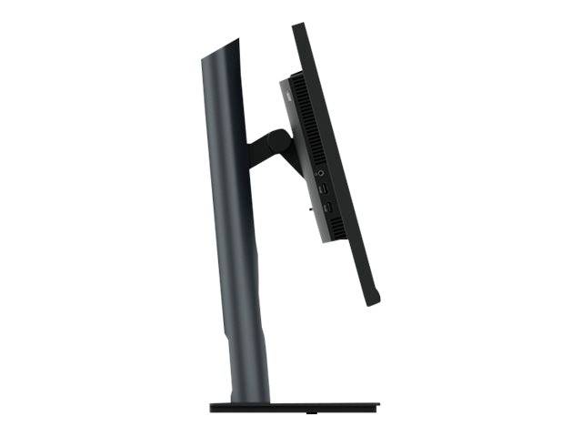 Ein seitliches Profil eines Monitors, der auf einer verstellbaren Halterung montiert ist, zeigt die Möglichkeit zur Höhen- und Neigungseinstellung.