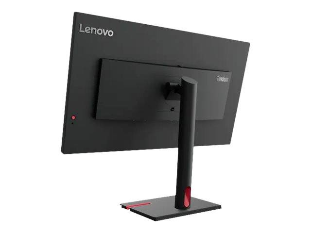 Rückansicht eines Lenovo-Monitors mit schwarzem Standfuß, rotem Akzent am Fuß und einem schwenkbaren Scharnier.