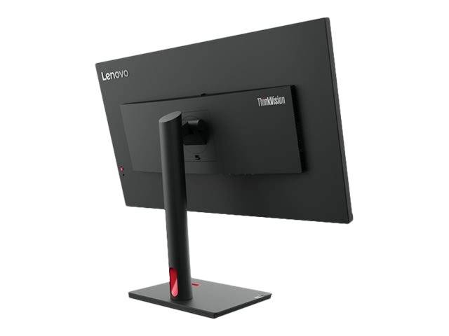 Rückansicht eines Lenovo ThinkVision Computermonitors mit schwarzem Rahmen und rechteckigem Standfuß.