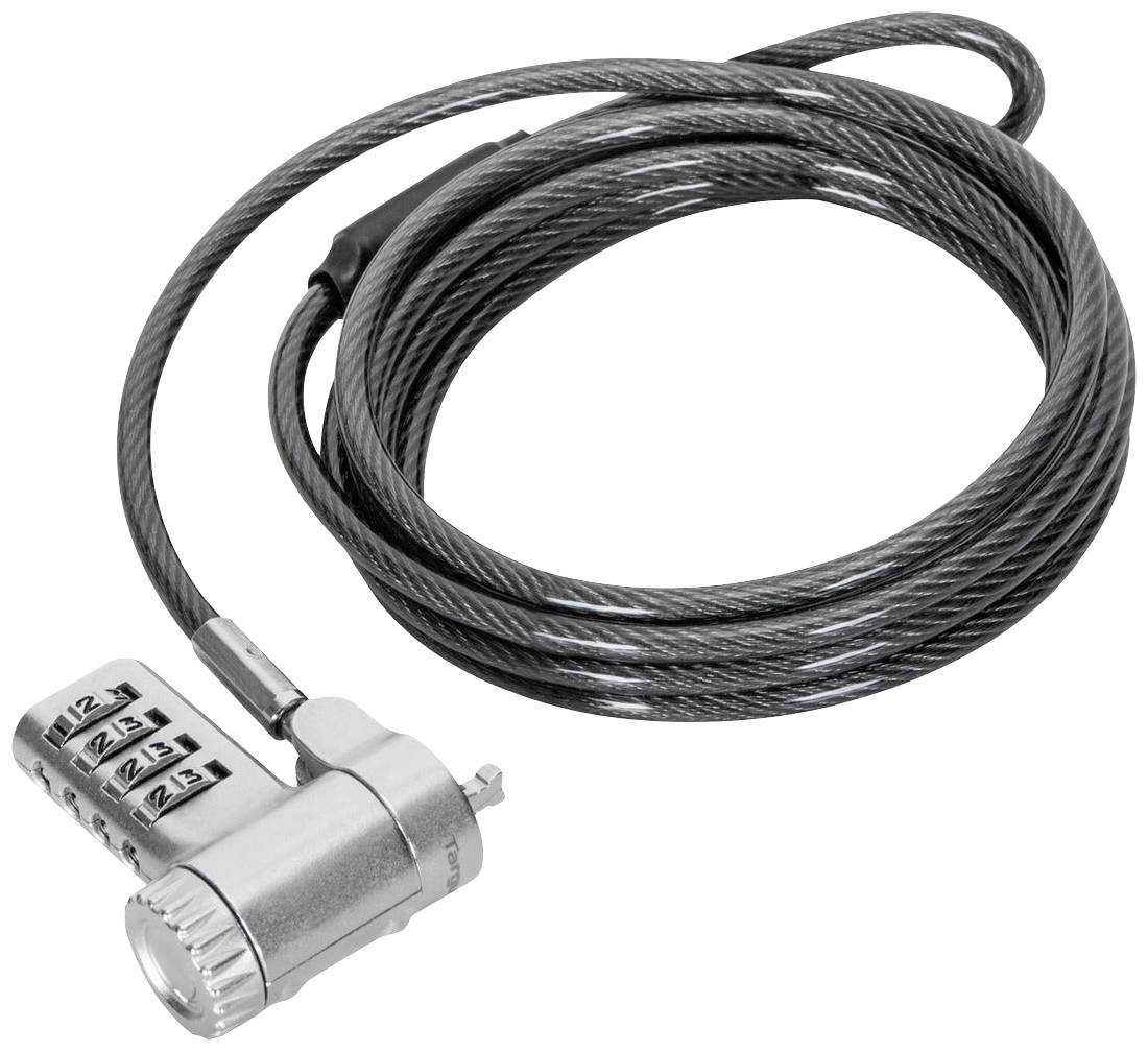 Ein Schloss mit Kabel, mit einem Zahlenkombinationsmechanismus, geeignet zur Sicherung von Laptops oder anderen Geräten.