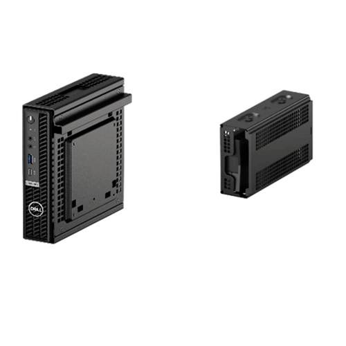 Zwei Ansichten eines kleinen, schwarzen Computergehäuses, links frontal und rechts seitlich. Beide haben mehrere Anschlüsse an der Vorderseite.