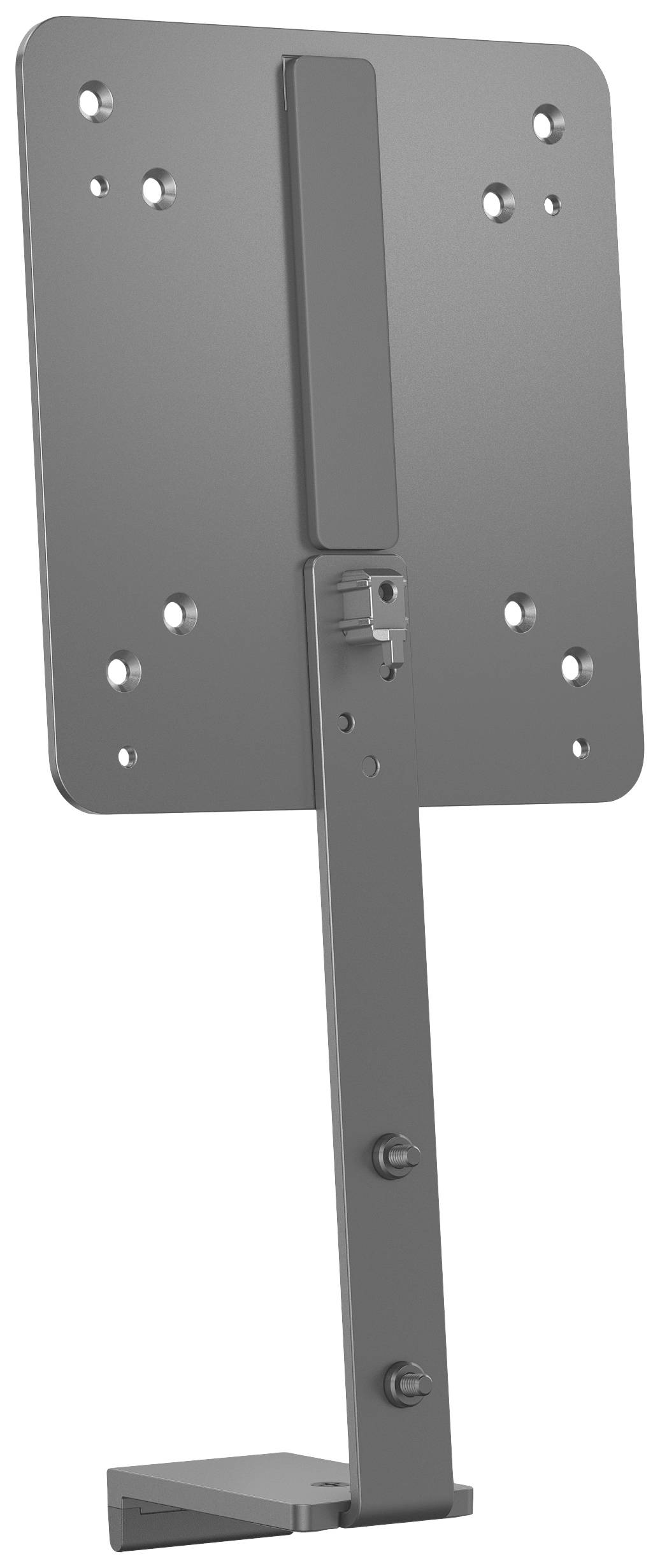 Metallische Wandhalterung mit mehreren Löchern zur Befestigung, langer Arm und Klemme am Ende zur Justierung von Geräten oder Displays.