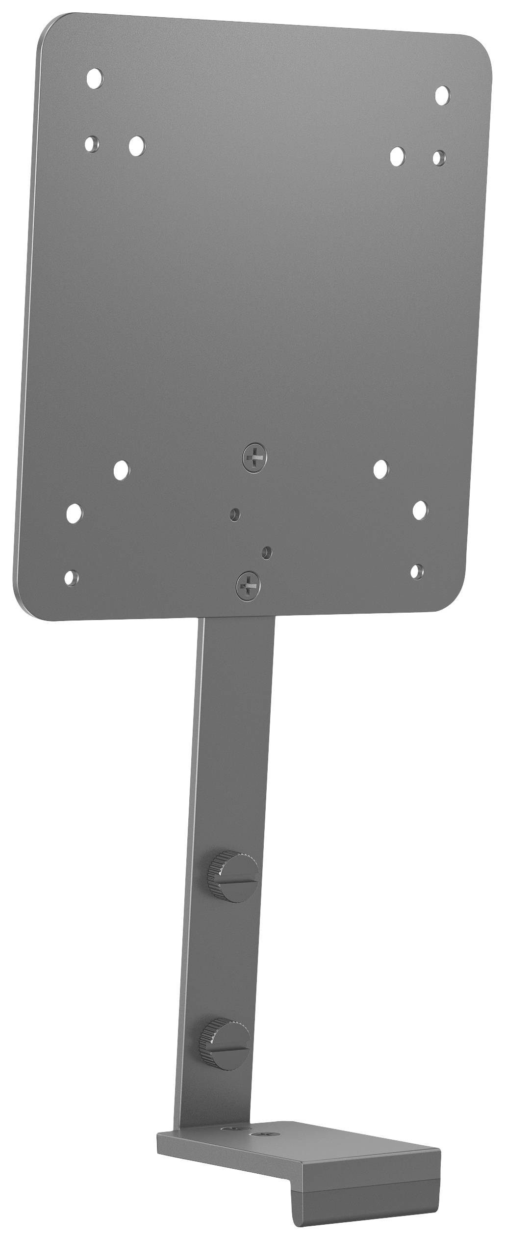 Metallhalterung mit mehreren Löchern, geeignet zur Befestigung an einer Wand. Unten befindet sich ein Haken zum Aufhängen von Gegenständen.