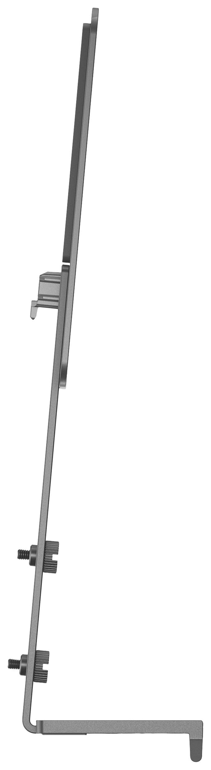 Seitliche Ansicht eines Metallständers mit mehreren Bolzen und Klemmen, die hervorstehen, verwendet zur Befestigung oder Unterstützung von Strukturen.