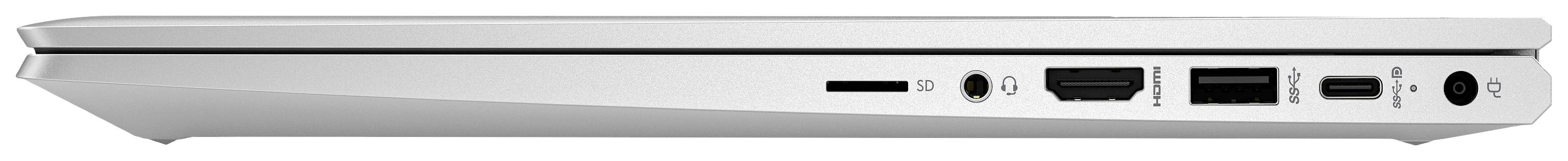 Flaches silbernes Laptop im seitlichen Profil. Sichtbare Anschlüsse umfassen mehrere USB-Ports, HDMI und Audioanschluss.