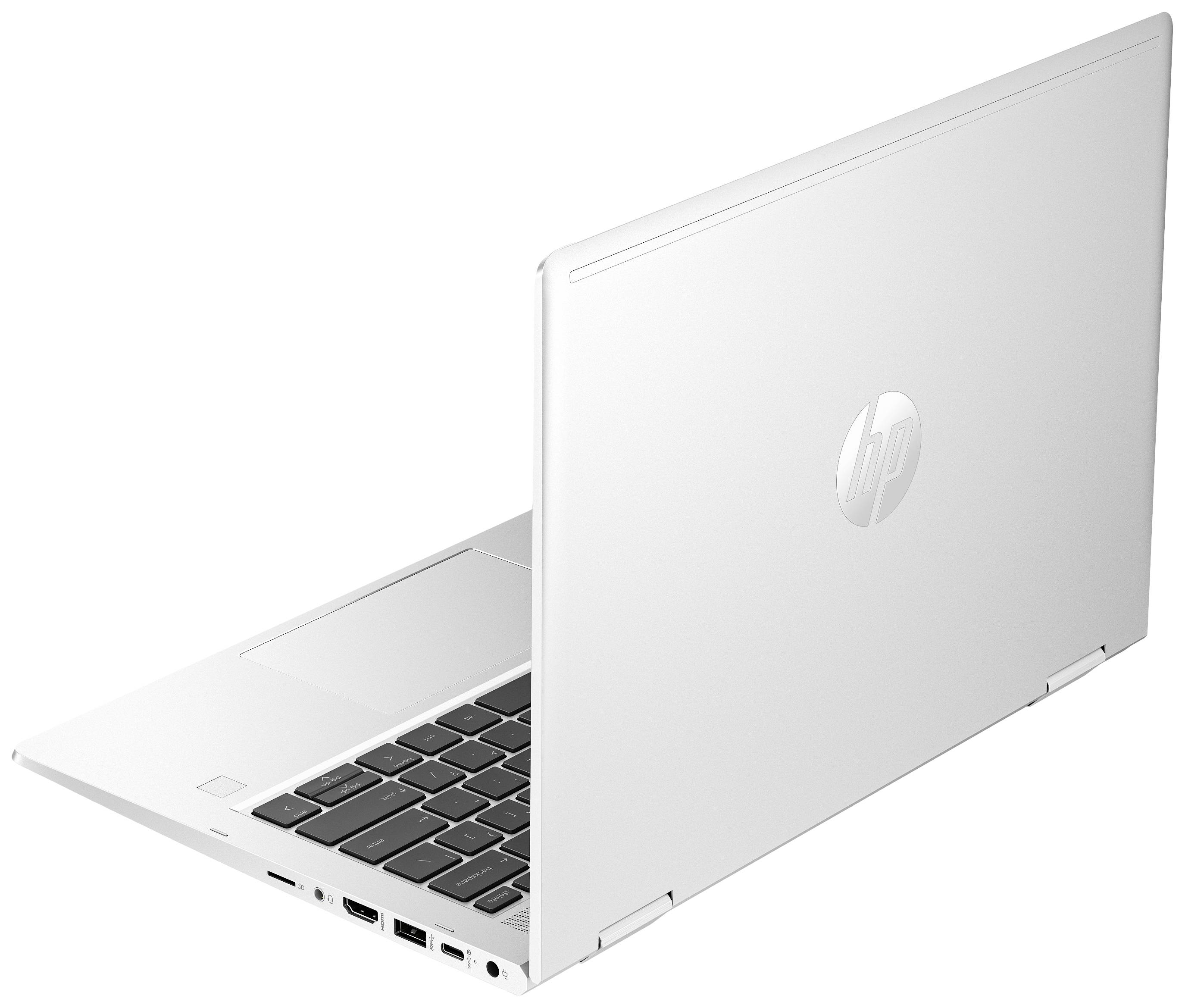 Ein silberner Laptop, teilweise geschlossen, mit sichtbarer Tastatur und Anschlüssen an der Seite. Gerät in einem modernen, schlanken Design.