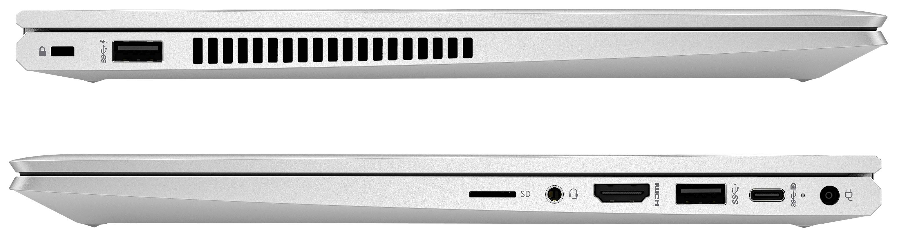Seitenansicht eines Laptops. Oben die linke Seite mit Lüftungsschlitzen, unten die rechte Seite mit mehreren Anschlüssen, darunter HDMI und USB-C.