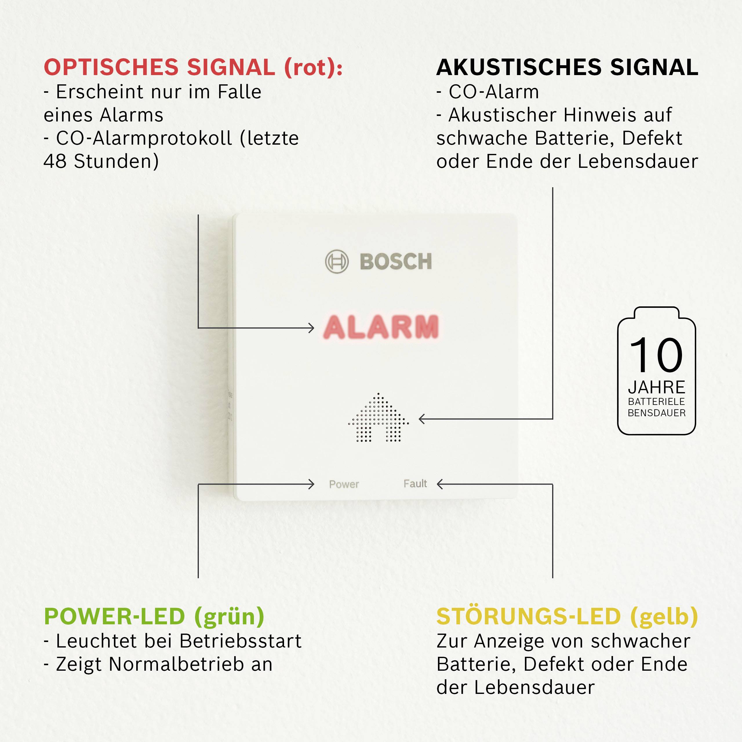 Bosch Home Comfort D-CO Kohlenmonoxid-Melder batteriebetrieben detektiert Kohlenmonoxid
