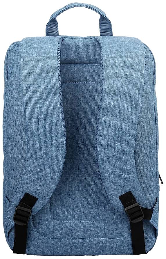 Ein blauer Rucksack aus Stoff mit zwei verstellbaren Schultergurten und einem Tragegriff oben, gezeigt von hinten.