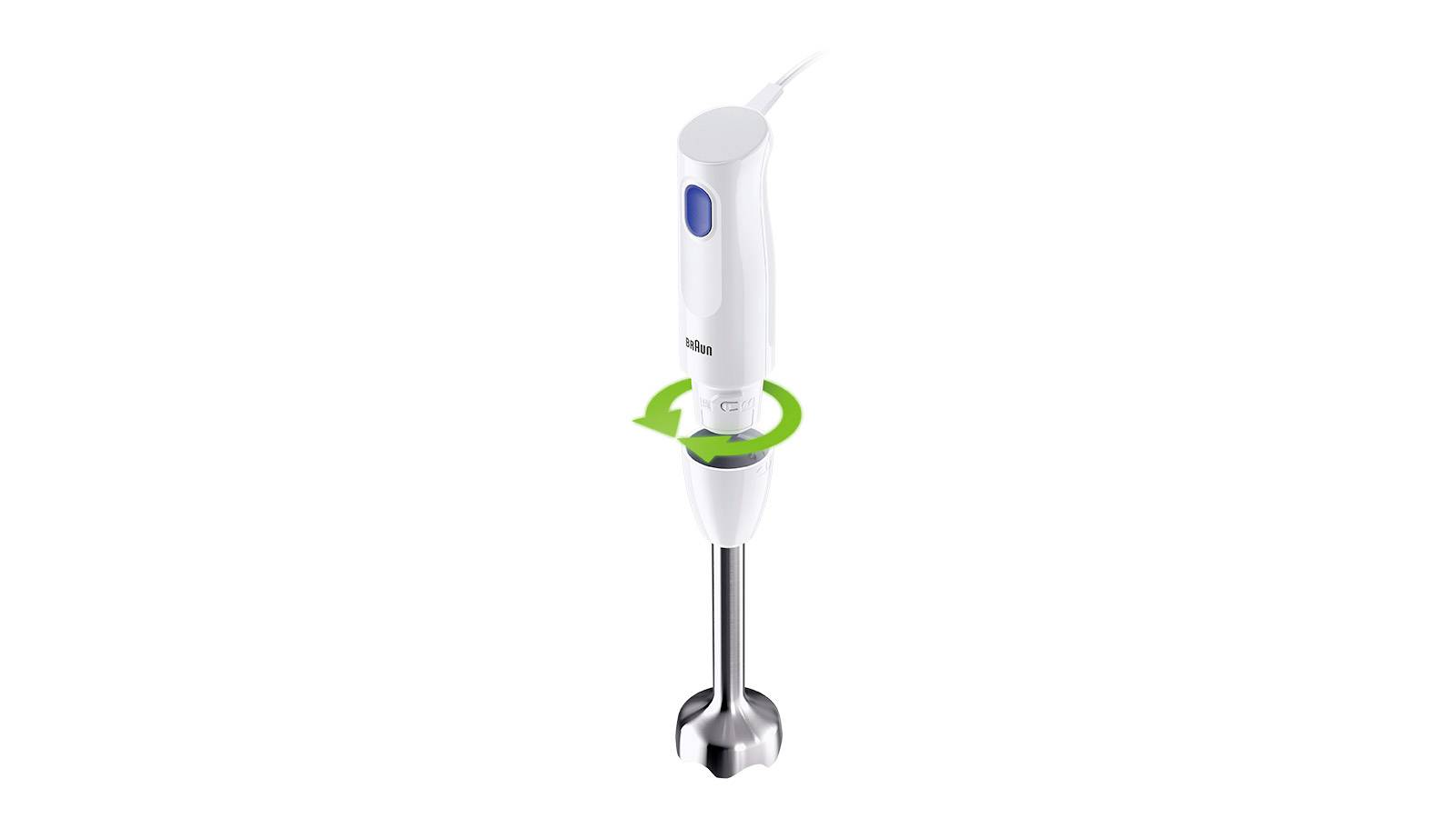 Ein weißer Stabmixer mit blauem Knopf und abnehmbarem Metallfuß, um 360 Grad drehbar. Geeignet zum Pürieren und Mixen von Zutaten.