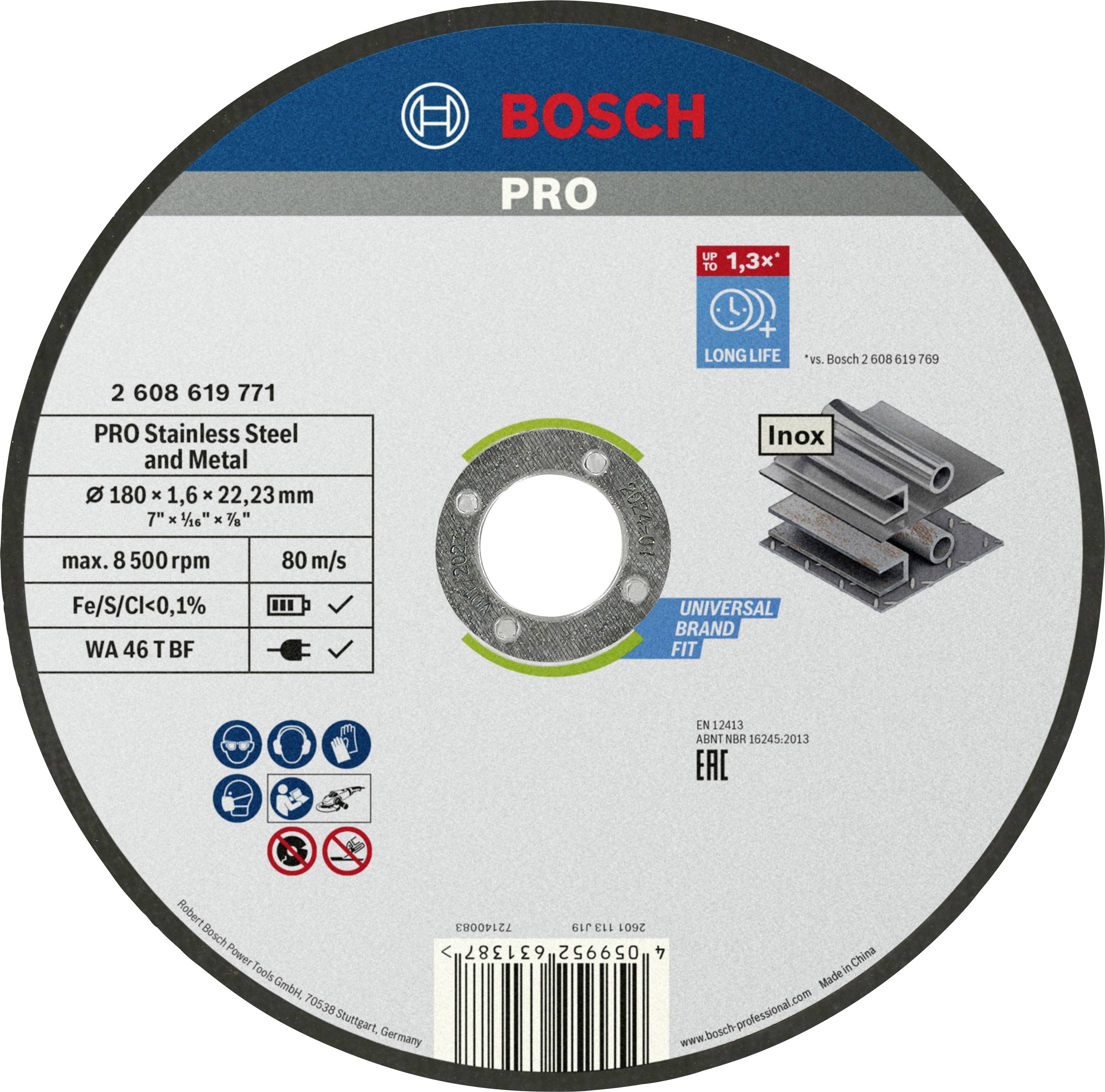 'Bosch PRO' Trennscheibe für Edelstahl und Metall, ø180 x 1,6 x 22,23 mm, max. 8.500 U/min, Typ Inox, gekennzeichnet mit Sicherheits- und Qualitätslogos.