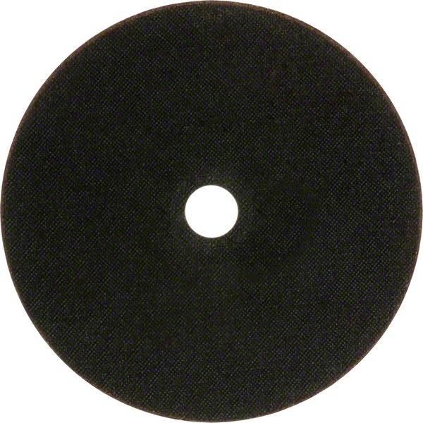 Ein schwarzes, rundes Schleifmittel mit zentralem Loch, vor einem weißen Hintergrund. Verwendet für Schleifarbeiten und Oberflächenbearbeitung.