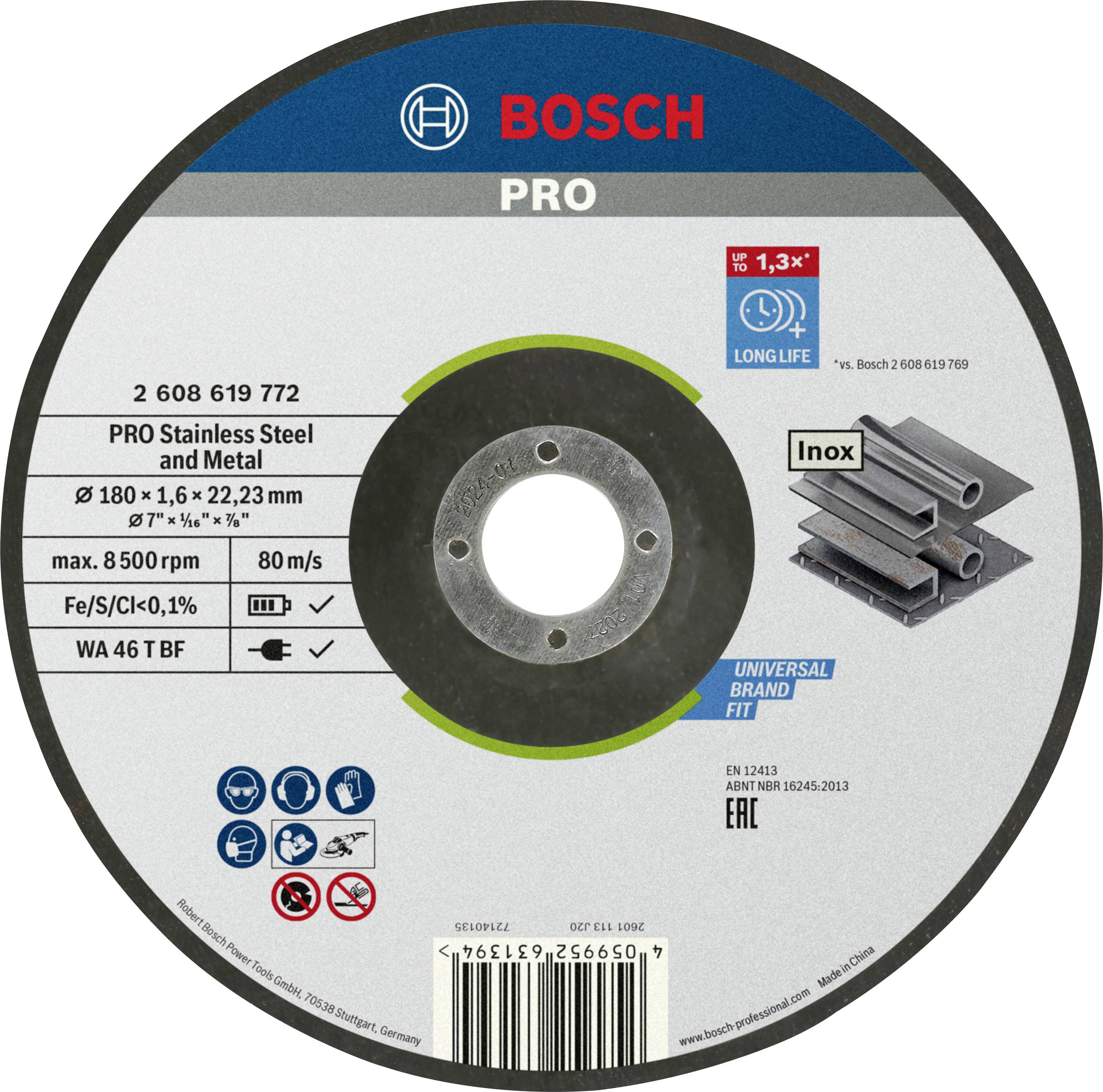 Bosch PRO Trennscheibe für Edelstahl und Metall, Größe 180 x 1,6 x 22,23 mm, max. Geschwindigkeit 80 m/s, CE-zertifiziert.