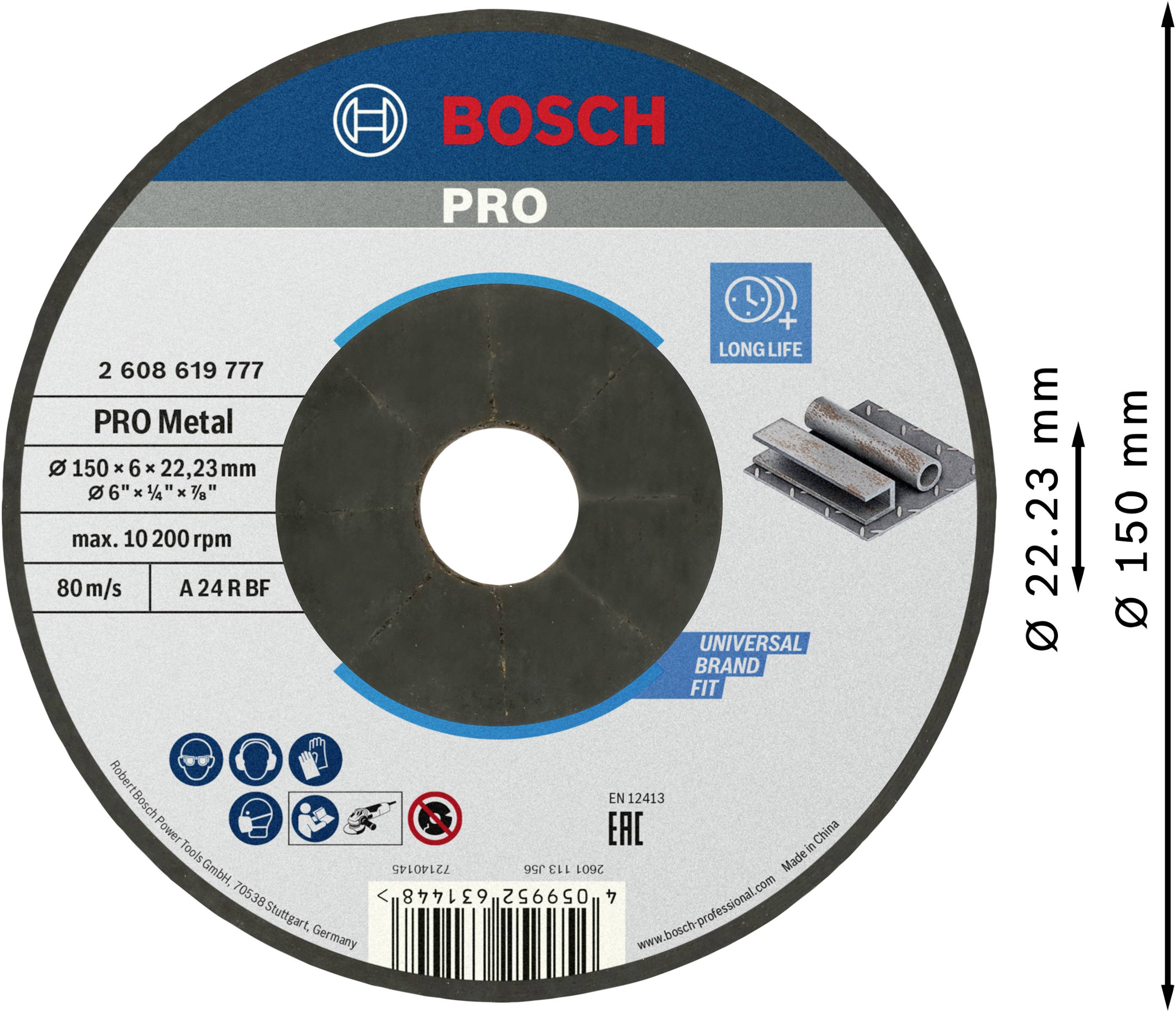 Schleifscheibe mit BOSCH PRO-Label, 150 mm Durchmesser, für Metallbearbeitung. Geeignet für 80 m/s und max. 20.200 U/min.