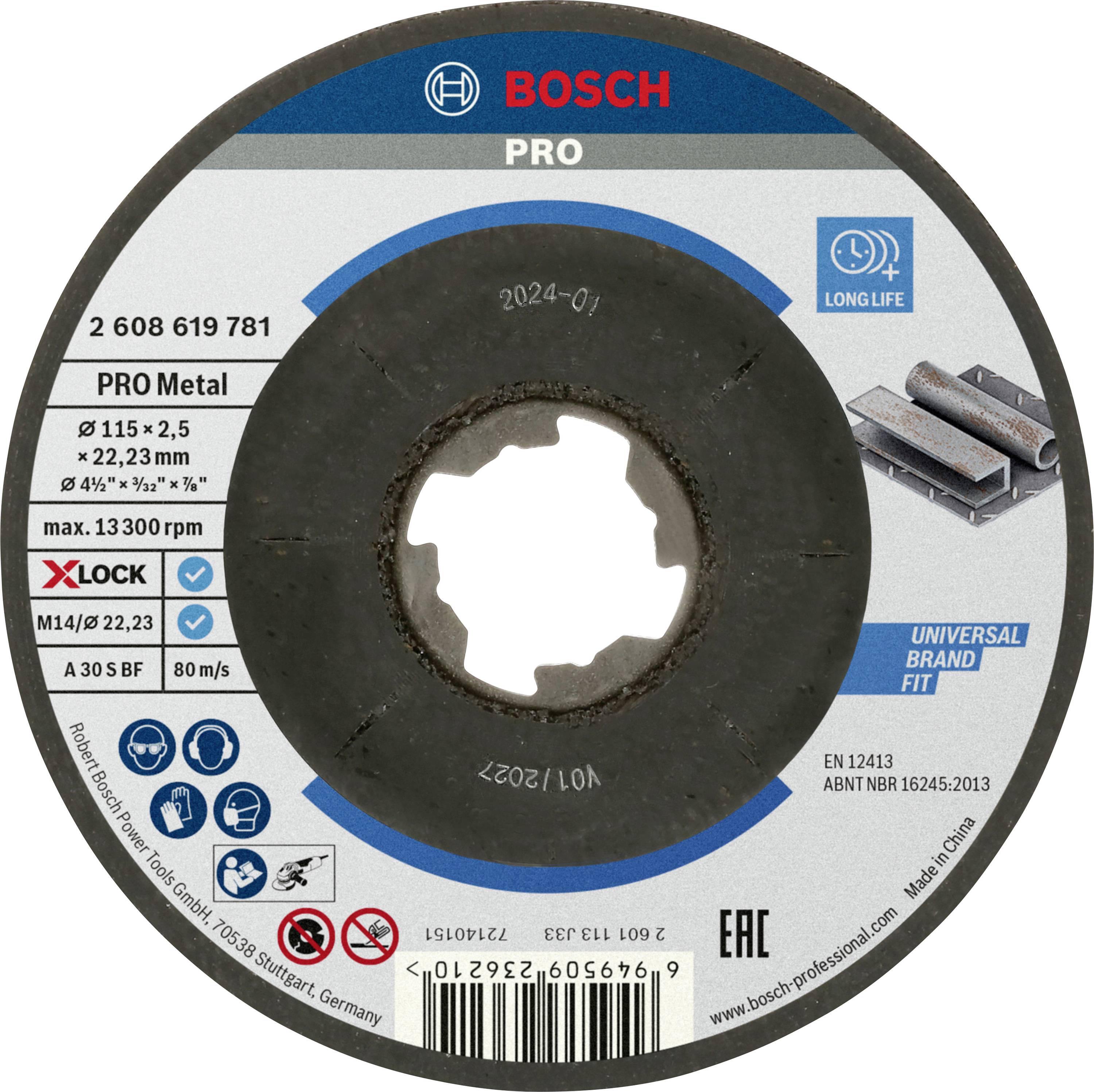 Schleifscheibe von Bosch für Metall mit X-LOCK-System; Durchmesser 115 mm. Markiert mit 'Long Life' und Sicherheitshinweisen.