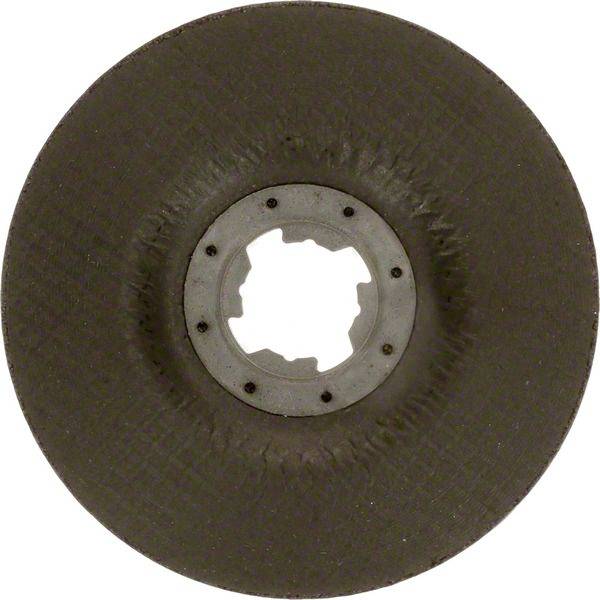 Ein grauer Schleifaufsatz in runder Form, gleichmäßig abgenutzt, mit Metallkern in der Mitte.