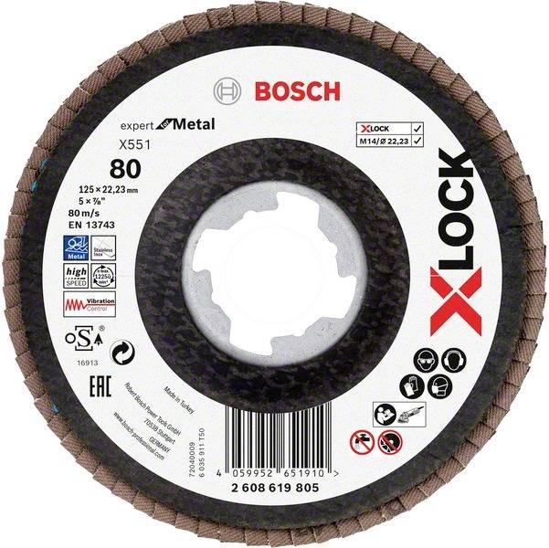 Schleifscheibe von Bosch, Modell X551, 125x22,23 mm, 80 Körnung, für Metallbearbeitung. X-LOCK-Befestigungssystem, dreht bis 80 m/s.