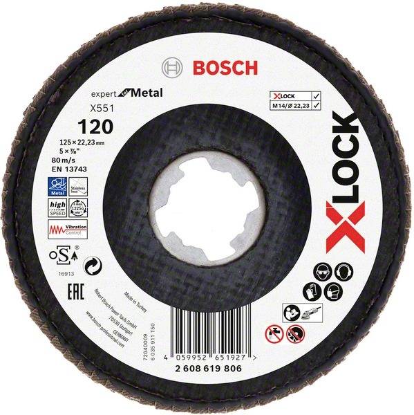 Schleifscheibe: BOSCH X-Lock für Metall, 125x22,23 mm, Körnung 120, maximale Drehzahl 80 m/s. CE- und EN-zertifiziert.