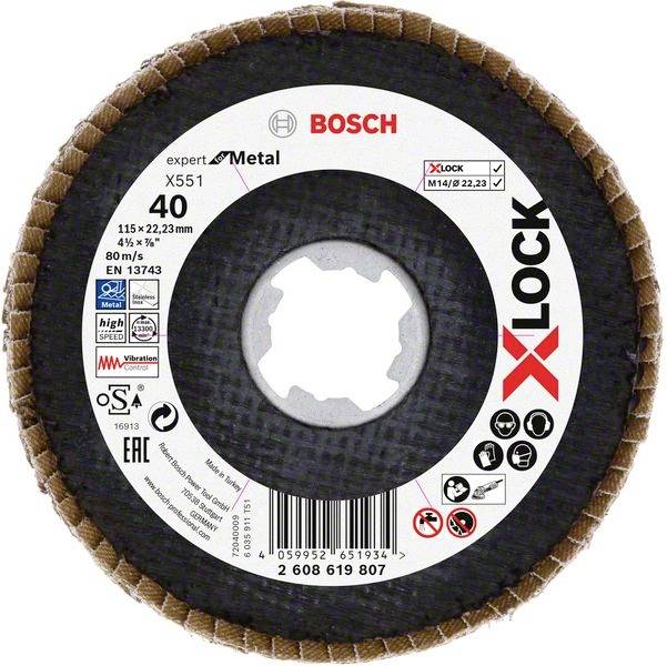 Schleifscheibe mit X-LOCK-System von Bosch, geeignet für Metall. Durchmesser 115 mm, Körnung 40, Norm EN 13743.