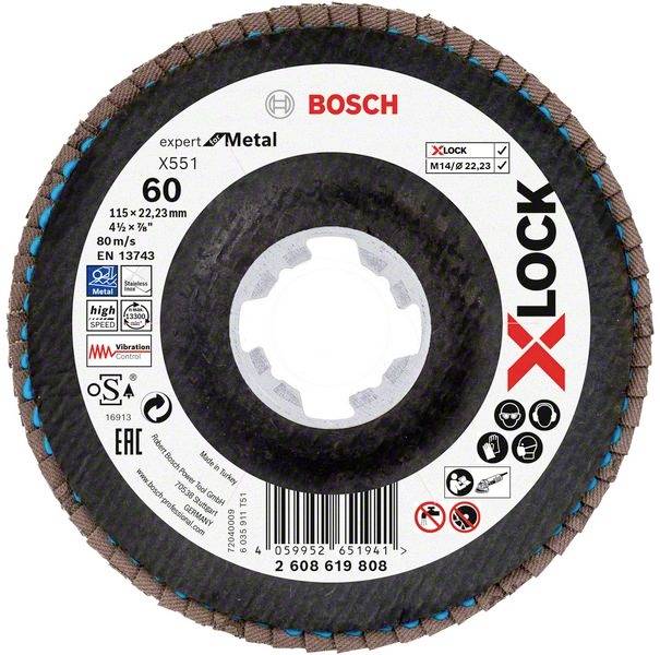 Metall-Schleifscheibe von Bosch, 60er-Körnung, 115 mm Durchmesser. X-LOCK-System zum schnellen Wechsel. Max. Geschwindigkeit 80 m/s.