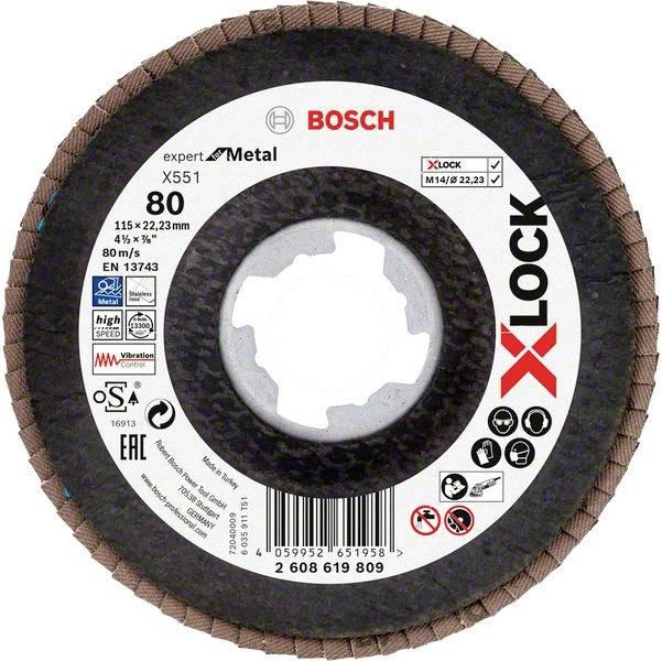Schleifscheibe mit 'Bosch' Logo, 'X-LOCK' System, geeignet für Metall, Körnung 80, 115 mm Durchmesser.