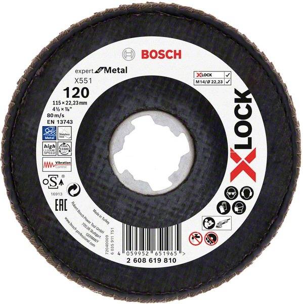 Schleifscheibe 'X-LOCK' von Bosch für Metall, Modell X551, Durchmesser 115 mm, Dicke 22,23 mm, max. Drehzahl 80 m/s, Körnung 120.