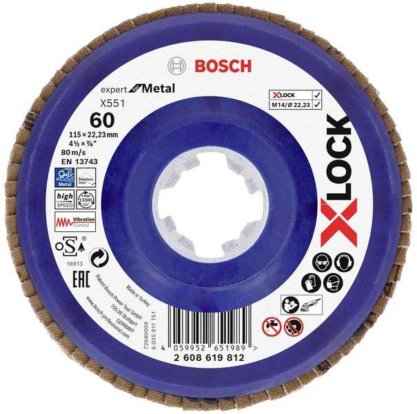 'Bosch X-LOCK Fächerschleifscheibe' mit Metallsymbol, Modell X551. Durchmesser 115 mm, Körnung 60, max. 80 m/s, Kompatibilitätshinweise.