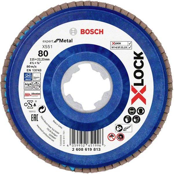 Schleifscheibe Bosch X-Lock, Expertenstufe für Metall, Körnung 80, 115x22,23 mm. Eignung für M14- und 22,23-mm-Bohrungen.
