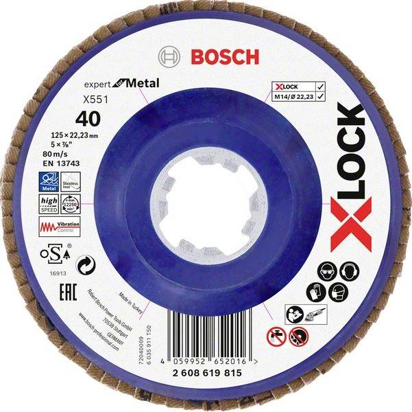 Schleifscheibe von Bosch, Modell X551, 'Expert for Metal', 125 mm, geeignet für Metall, max. 80 m/s, X-LOCK System.