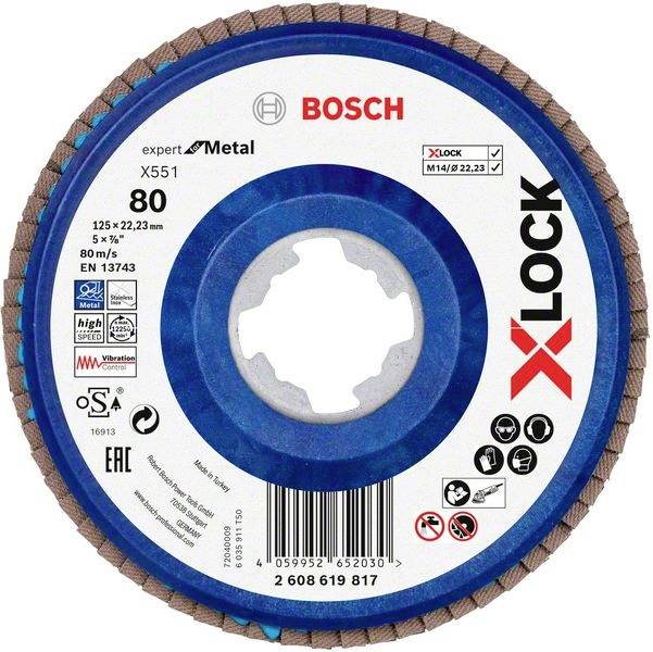X-LOCK Bosch Trennscheibe für Metall, 125 x 22,23 mm, Typ X551. Max. 80 m/s, kompatibel mit M14/9 Gewinde. EN 13743 zertifiziert.