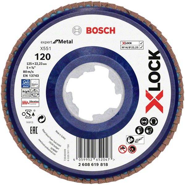 Schleifscheibe 'Bosch X-LOCK' für Metall, Körnung 120, 125 mm Durchmesser. Enthält Symbole für Sicherheitshinweise und Kompatibilität.