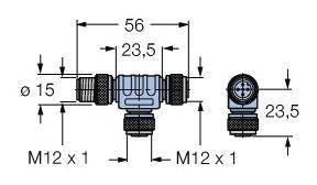 Technische Zeichnung eines T-Stücks mit Maßen: M12 x 1 Gewinde, 56 mm Breite, 23,5 mm Höhen/Durchmesser, Ø 15 mm.