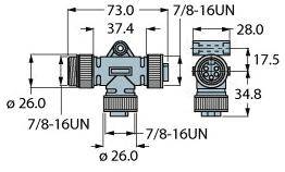 Technische Zeichnung eines T-Steckverbinders mit Maßen: Breite 73 mm, Höhe 34,8 mm, Durchmesser 26 mm, Gewinde 7/8-16UN.