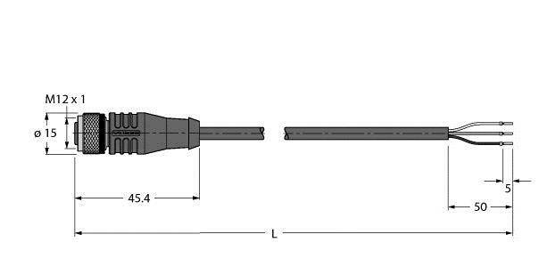 Technische Zeichnung eines M12 x 1 Steckers mit Länge 45,4 mm, Kabeldurchmesser 5 mm und Gesamtlänge L. Drahtenden sind offen.