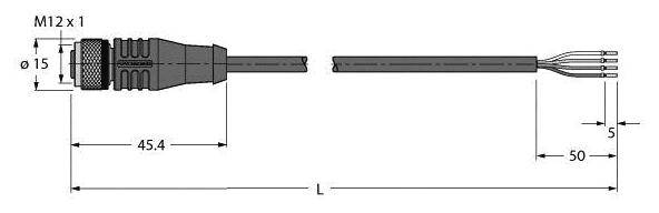 Zeichnung eines M12-Steckers mit Verbindungsdrähten. Maße: Durchmesser 15 mm, Länge 45,4 mm, Kabel 50 mm.