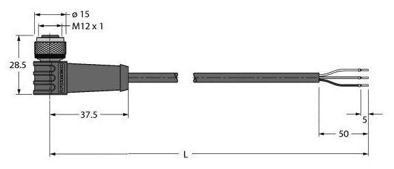 Technische Zeichnung eines Kabels mit M12-Stecker links, Maße: 15mm Durchmesser, Gesamtlänge L, 28,5mm hoch, 37,5mm lang, Kabel 50mm mit 5mm Abstand zwischen Drähten rechts.