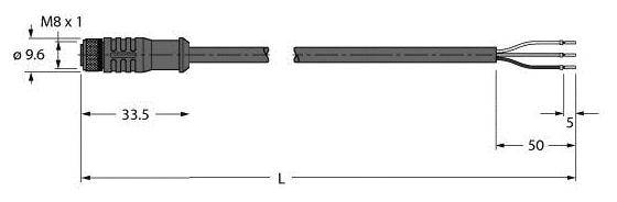 Technische Zeichnung eines M8-Steckverbinders mit Kabel. Maße: Stecker 33,5 mm, Kabel 50 mm plus 5 mm Aderenden. Gesamtlänge 'L'.