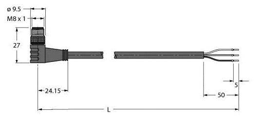 Technische Zeichnung eines M8-Steckverbinders mit den Maßen: Durchmesser 9,5 mm, Länge variabel, Verbindungslänge 50 mm.