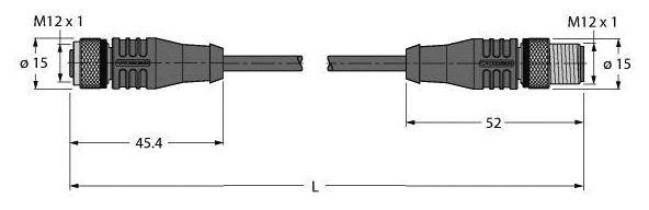 Technische Zeichnung eines M12 Steckverbinders mit Maßen: 45,4 mm Länge, 15 mm Durchmesser. Gesamtlänge 'L', andere Seite 52 mm.