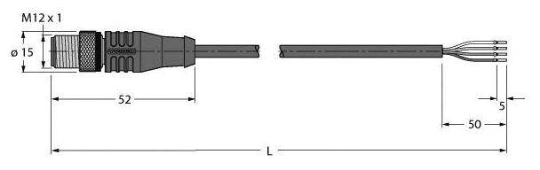 Steckverbinder mit M12 x 1 Gewinde und Durchmesser von 15 mm. Gesamtlänge mit Kabel: 102 mm. Kabelabschnitte von 52 mm und 50 mm.