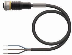 Ein schwarzes Kabel mit einem Metallstecker an einem Ende und drei freiliegenden Drähten am anderen Ende, mit blauen, braunen und grauen Kabeln.